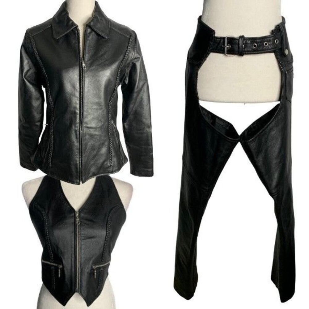 Vintage 90s Bikers Club Leather Riding Set XS Black Jacket Chaps Vest Motorcycle